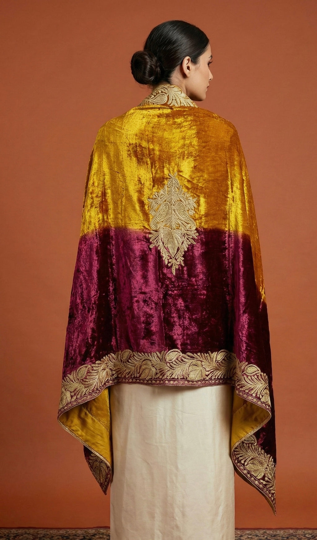 Noorjahaan – Makhmal Velvet Cape Shawl (Zar Mustard & Wine)