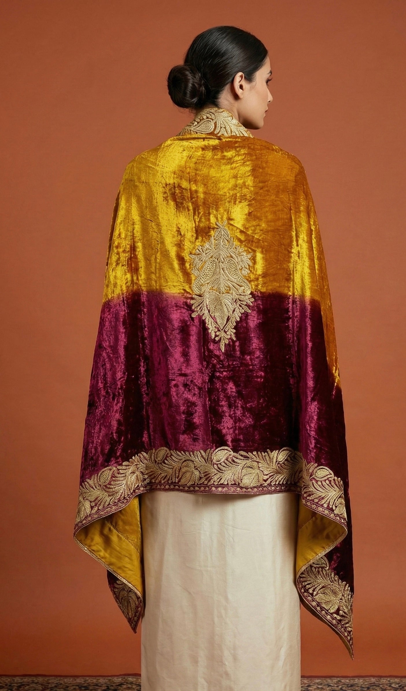Noorjahaan – Makhmal Velvet Cape Shawl (Zar Mustard & Wine)