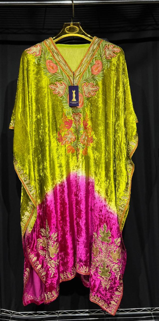Zareen – Pure Makhmal Velvet Embroidered Kaftan Set in neon and pink ombré