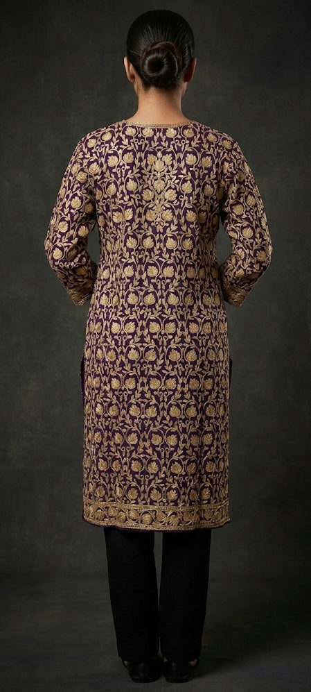 NAZNEEN Kashmiri Aari Kurta | Royal Purple & Gold | Pure Georgette Luxury