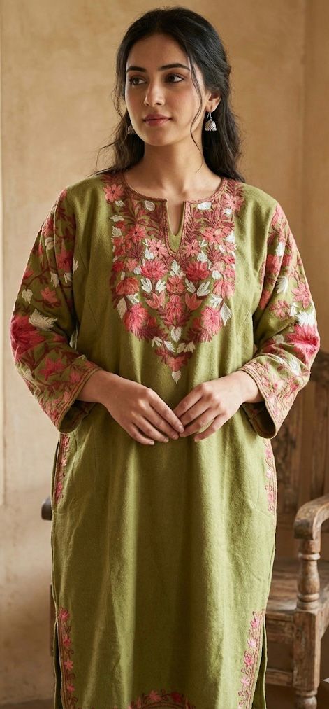 ZAHIRA Kashmiri Aari Phiran – Olive Green | Free Size Kashmiri Wool Phiran with Pockets