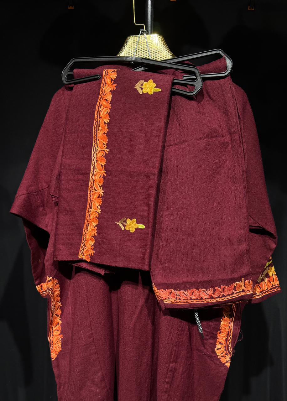 The SANA Kashmiri Aari Set in Maroon Pure Handworked | Authentic Kashmiri Aari | Premium Winter Set (Kurta + Pant + Stole)