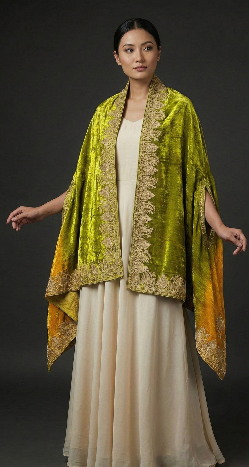 Noorjahaan – Makhmal Velvet Cape Shawl (Olive Zest & Amber Gold)