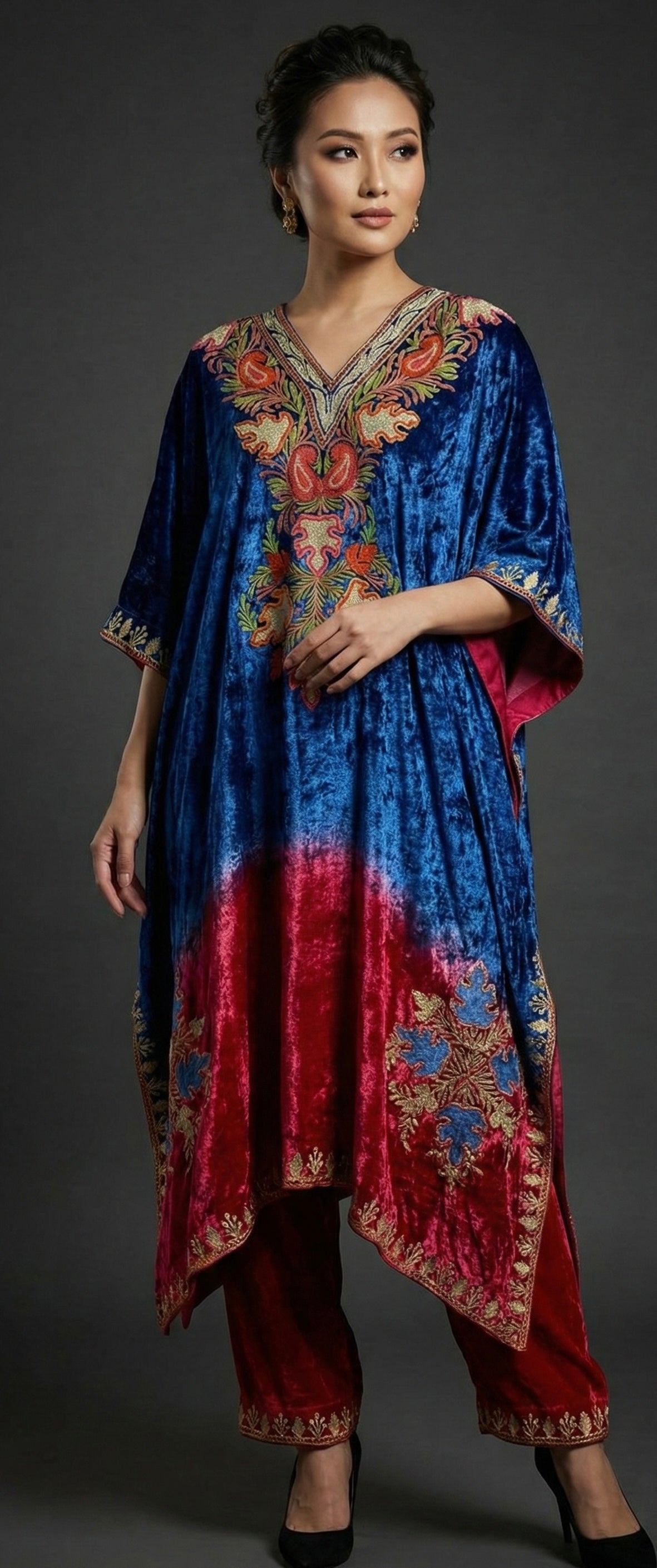 Zareen – Pure Makhmal Velvet Embroidered Kaftan Set in blue and red ombré