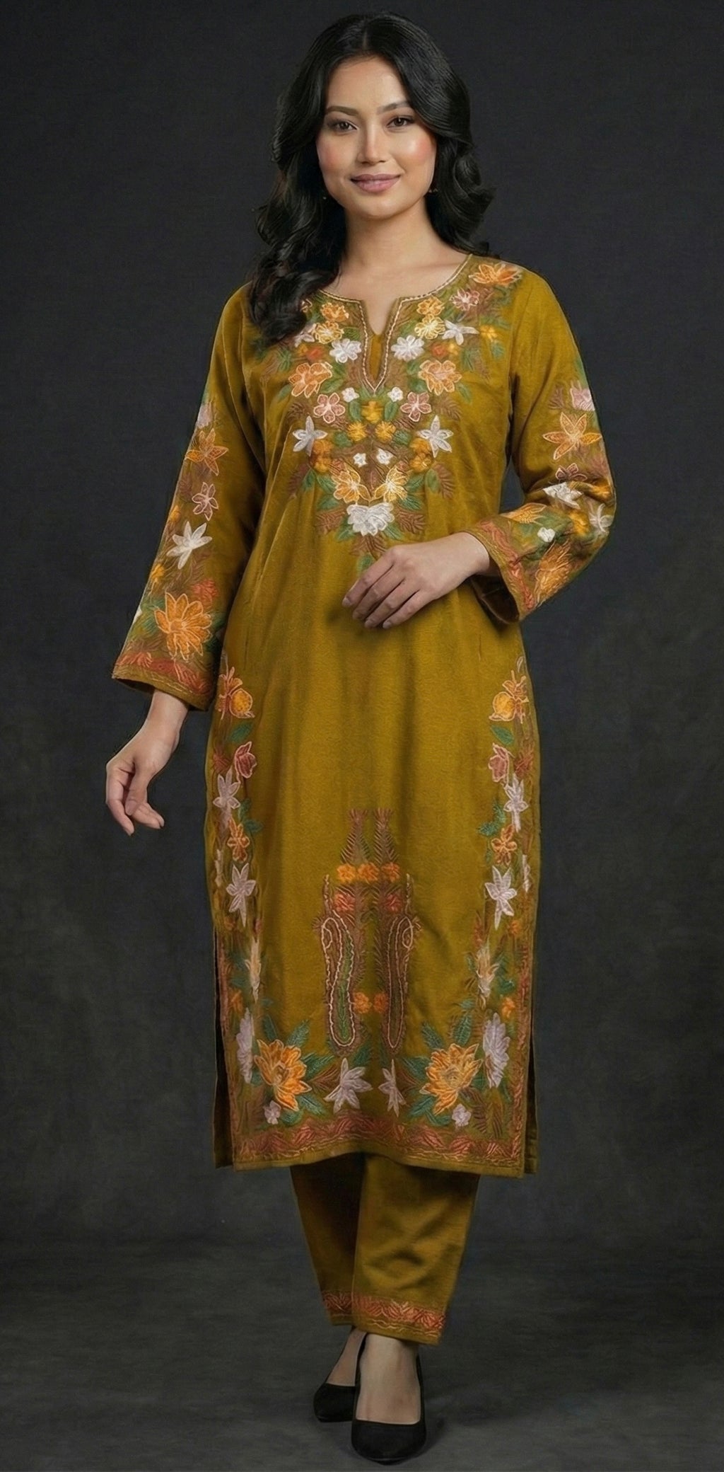 The SANA Kashmiri Aari Set in mustard Pure Handworked | Authentic Kashmiri Aari | Premium Winter Set (Kurta + Pant + Stole)