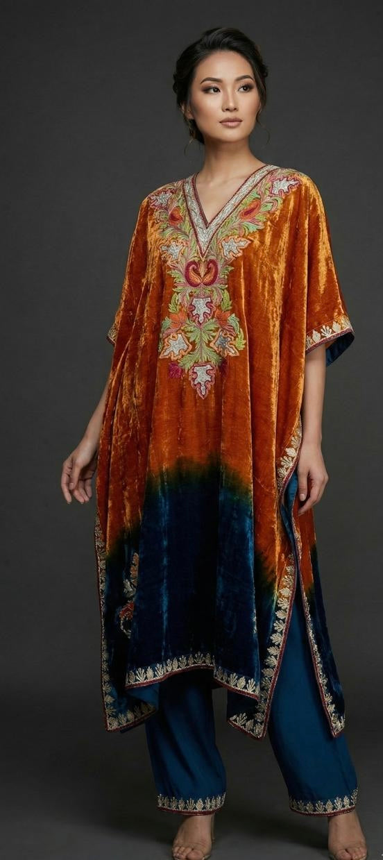 Zareen – Pure Makhmal Velvet Embroidered Kaftan Set in orange blue ombré