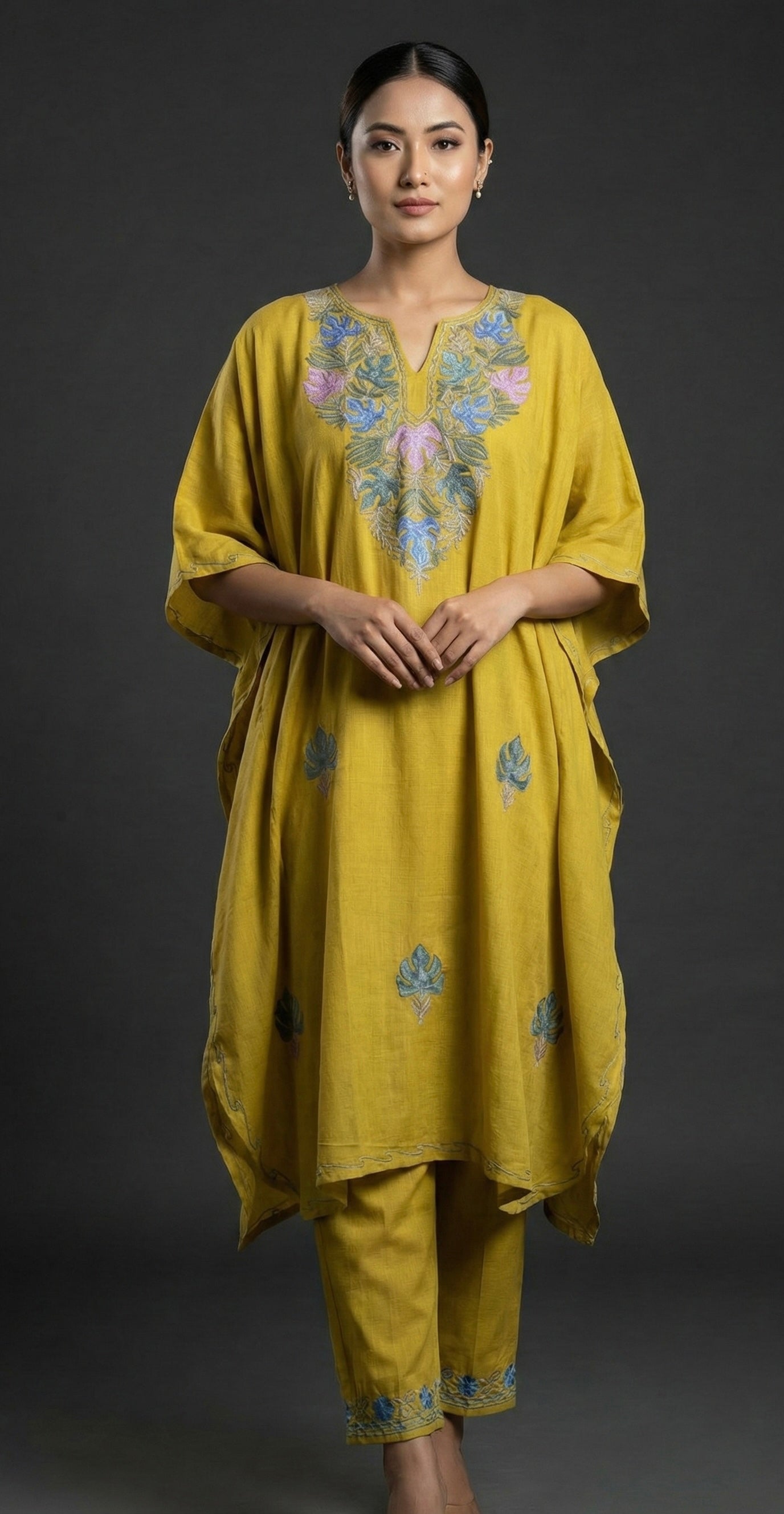 Advika Mustard Hand-Embroidered Kaftan Set