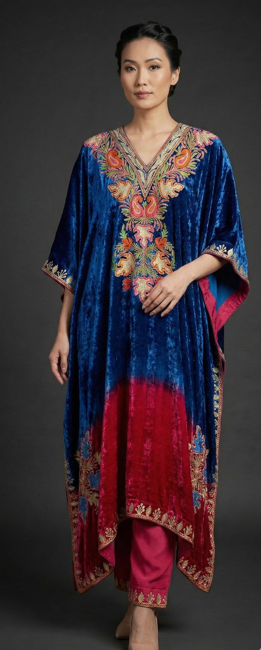 Zareen – Pure Makhmal Velvet Embroidered Kaftan Set in blue and red ombré