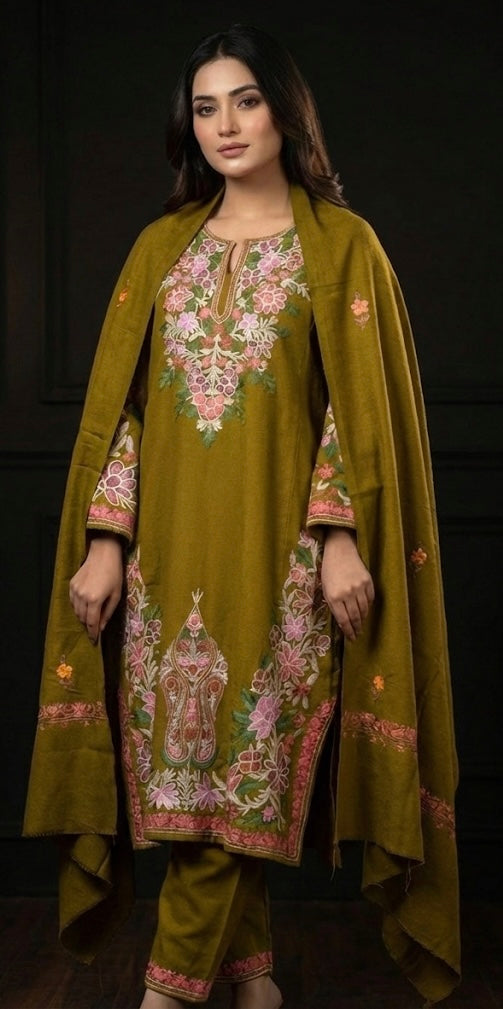 SANA Kashmiri Aari Embroidered Suit Set – Olive Green | Premium Wool Set (Kurta + Pant + Shawl)
