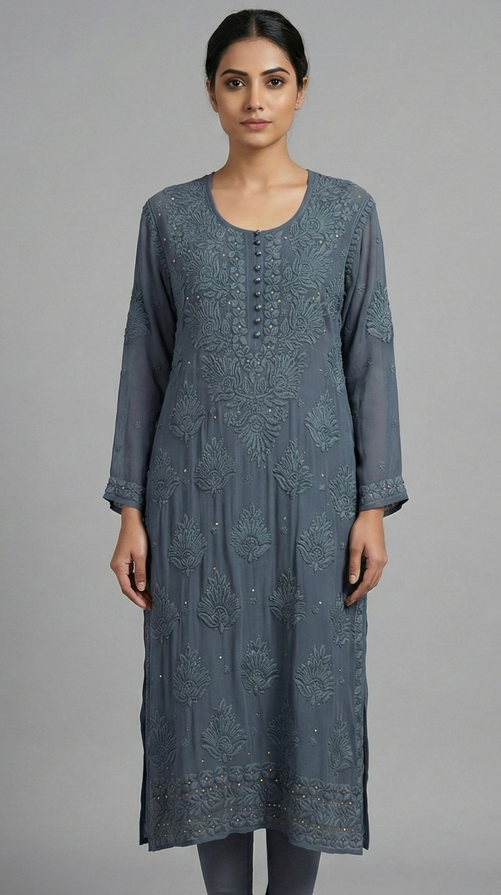 Sukoon in grey | Handcrafted Chikankari Kurta in Pure Viscose Georgette