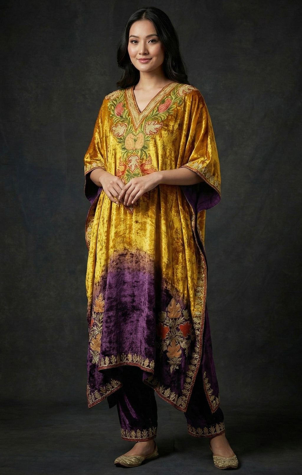 Zareen – Pure Makhmal Velvet Embroidered Kaftan Set in orange and purple ombré
