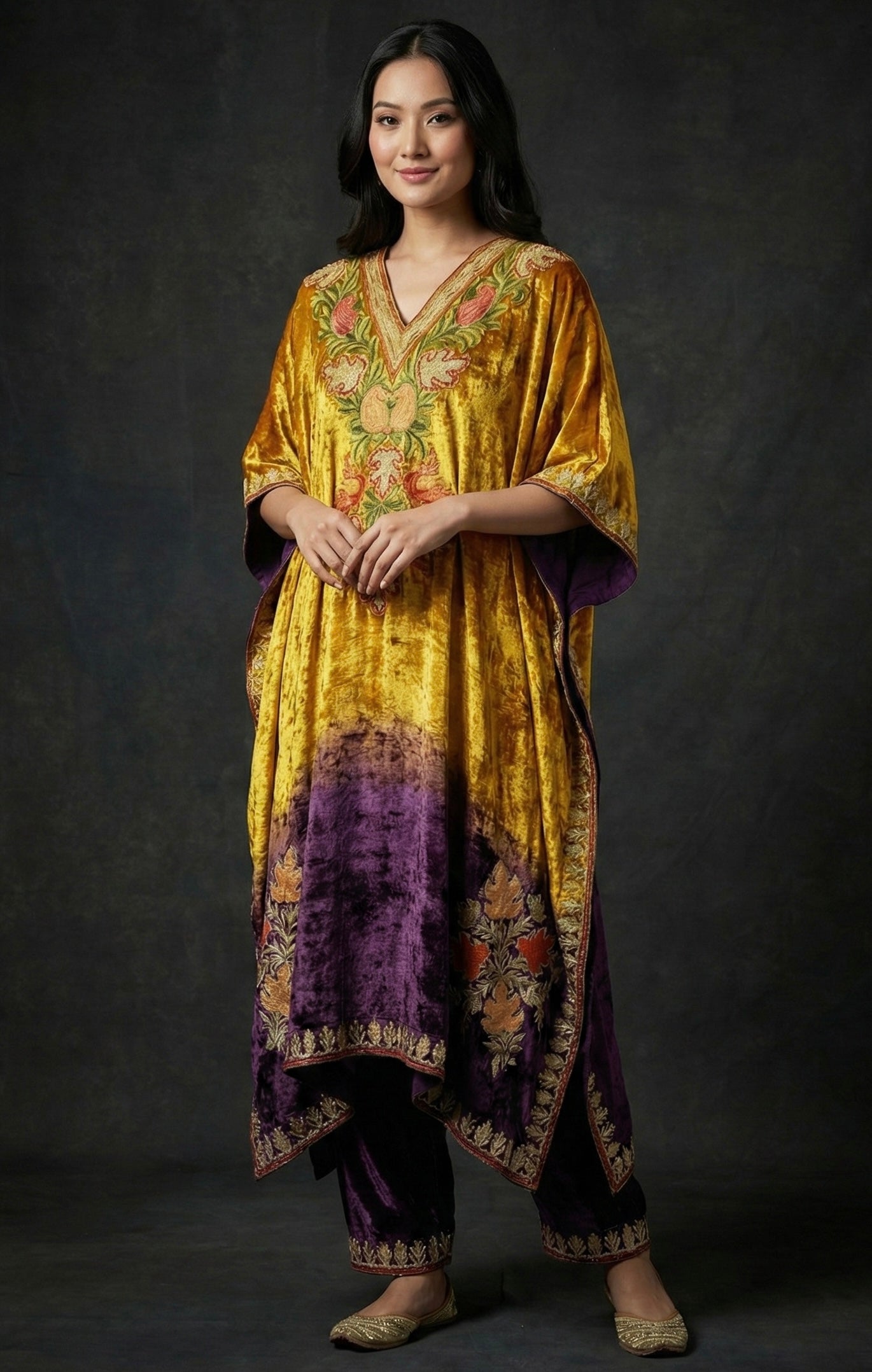 Zareen – Pure Makhmal Velvet Embroidered Kaftan Set in orange and purple ombré