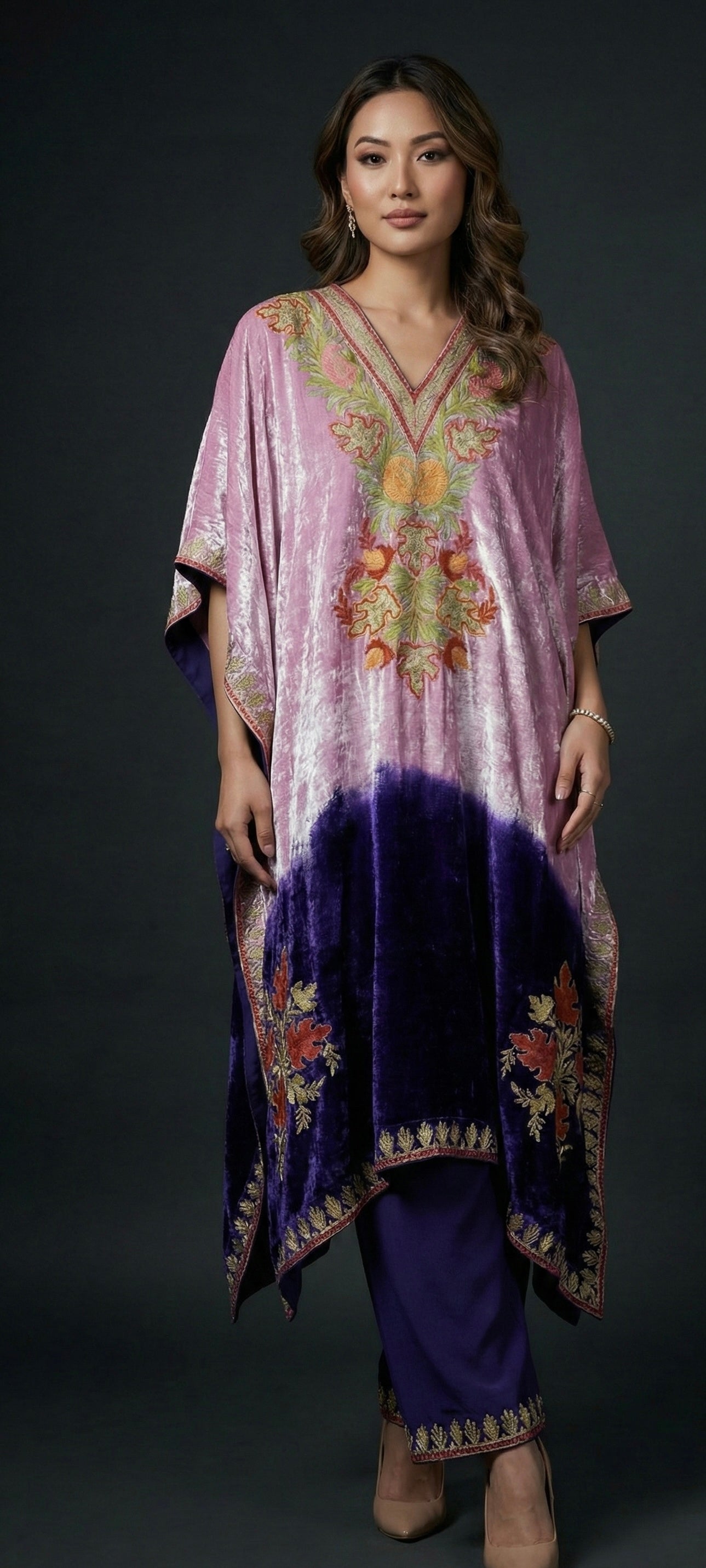 Zareen – Pure Makhmal Velvet Embroidered Kaftan Set in pink and purple ombré