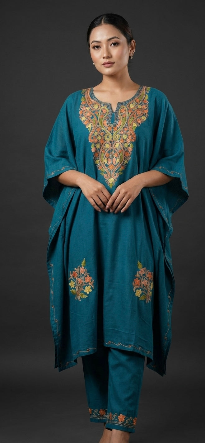Feroza Teal Aari Kaftan Set (2-Piece Premium Embroidered Co-ord)