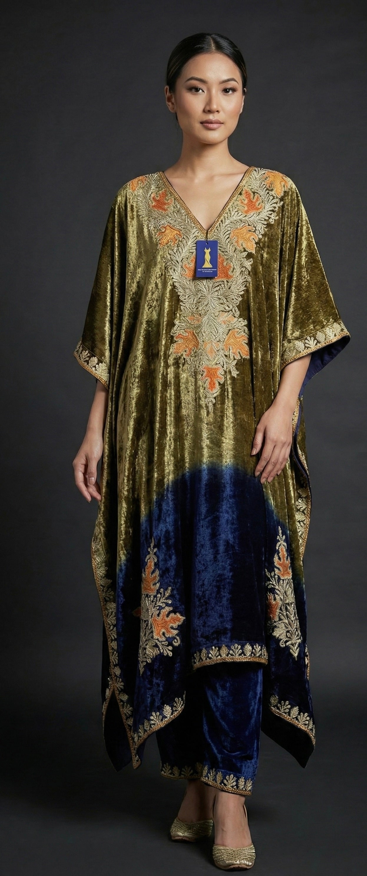 Zareen – Pure Makhmal Velvet Embroidered Kaftan Set in champagne and blue ombré