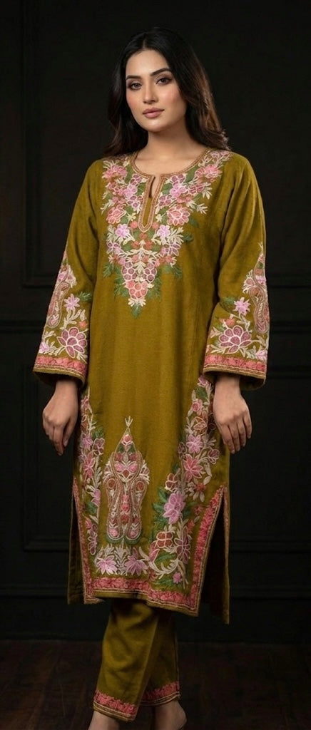 SANA Kashmiri Aari Embroidered Suit Set – Olive Green | Premium Wool Set (Kurta + Pant + Shawl)