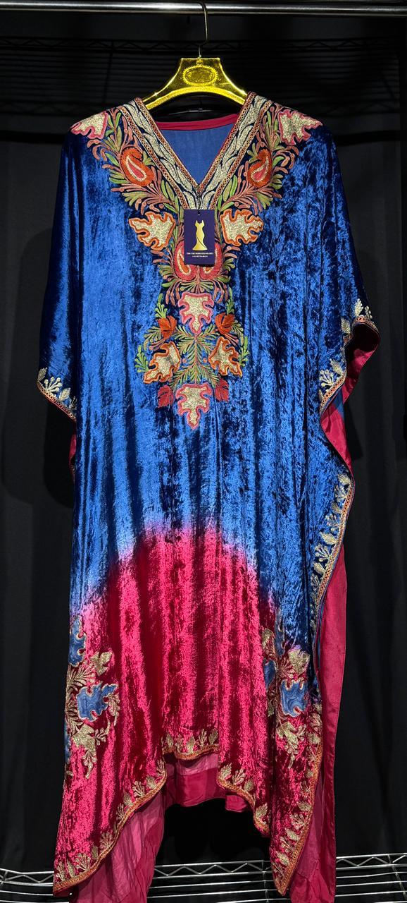 Zareen – Pure Makhmal Velvet Embroidered Kaftan Set in blue and red ombré