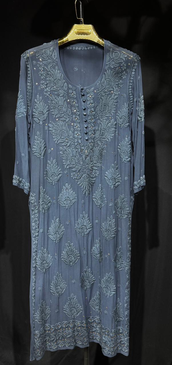 Sukoon in grey | Handcrafted Chikankari Kurta in Pure Viscose Georgette