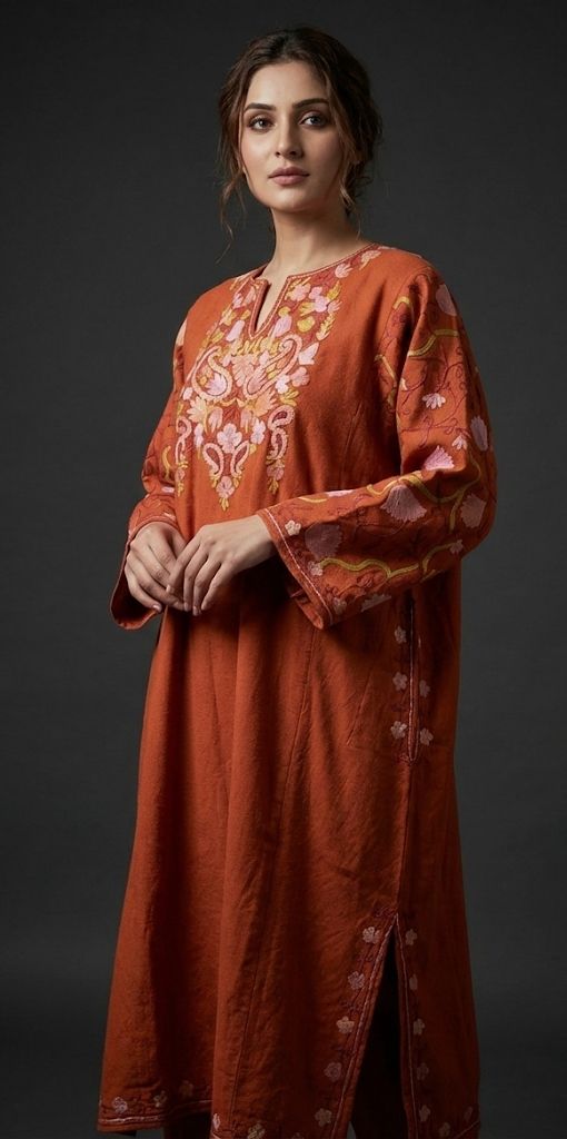 ZOONA Kashmiri Aari Phiran – Autumn Rust | Pure Woollen Phiran Style