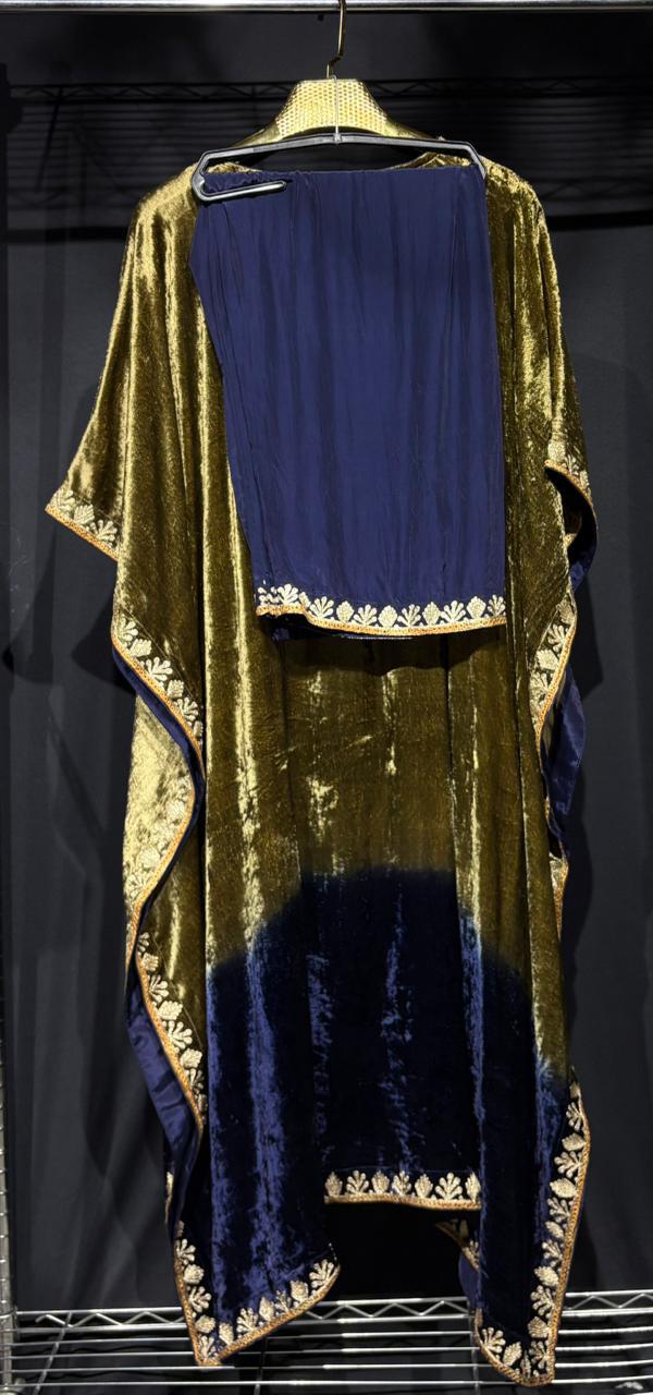 Zareen – Pure Makhmal Velvet Embroidered Kaftan Set in champagne and blue ombré