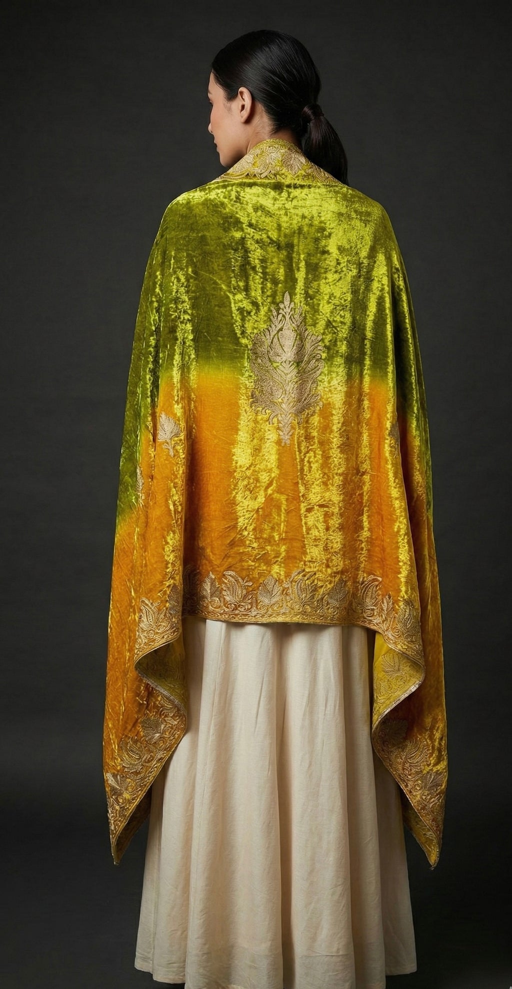 Noorjahaan – Makhmal Velvet Cape Shawl (Olive Zest & Amber Gold)