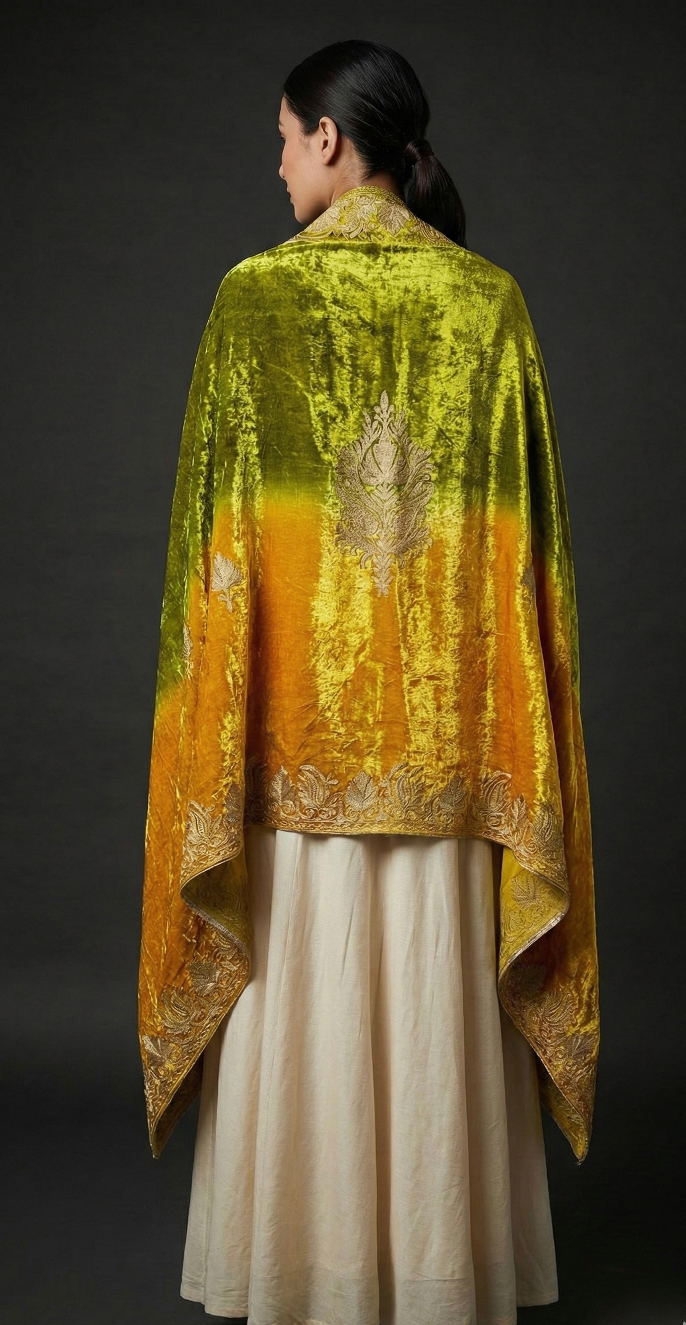 Noorjahaan – Makhmal Velvet Cape Shawl (Olive Zest & Amber Gold)