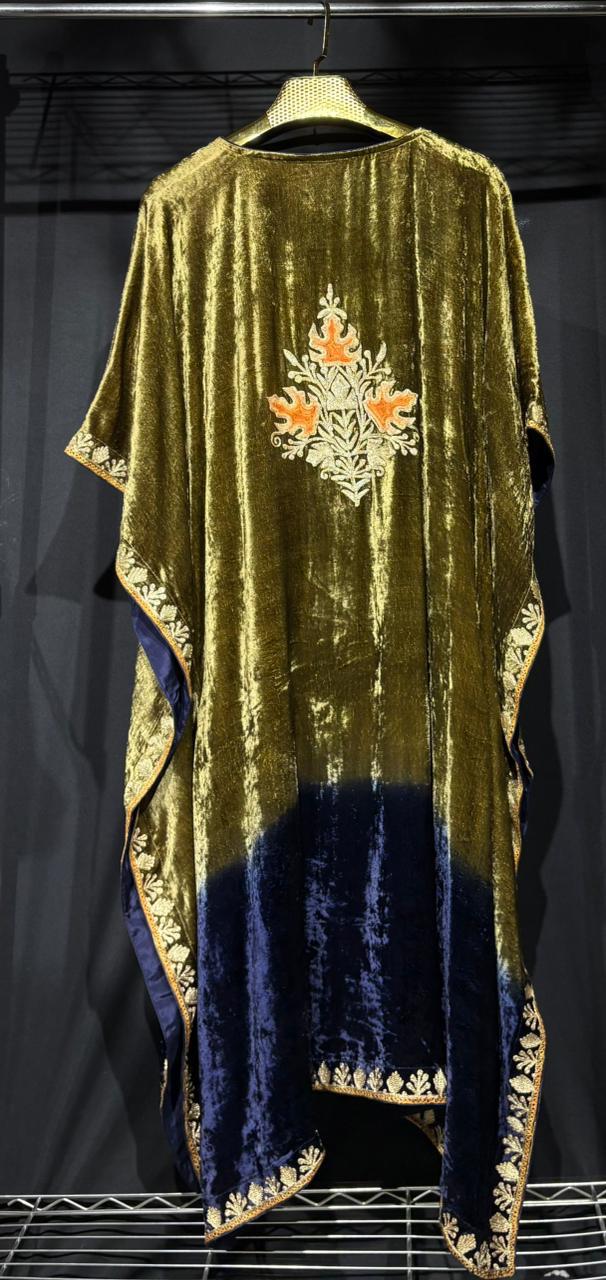 Zareen – Pure Makhmal Velvet Embroidered Kaftan Set in champagne and blue ombré