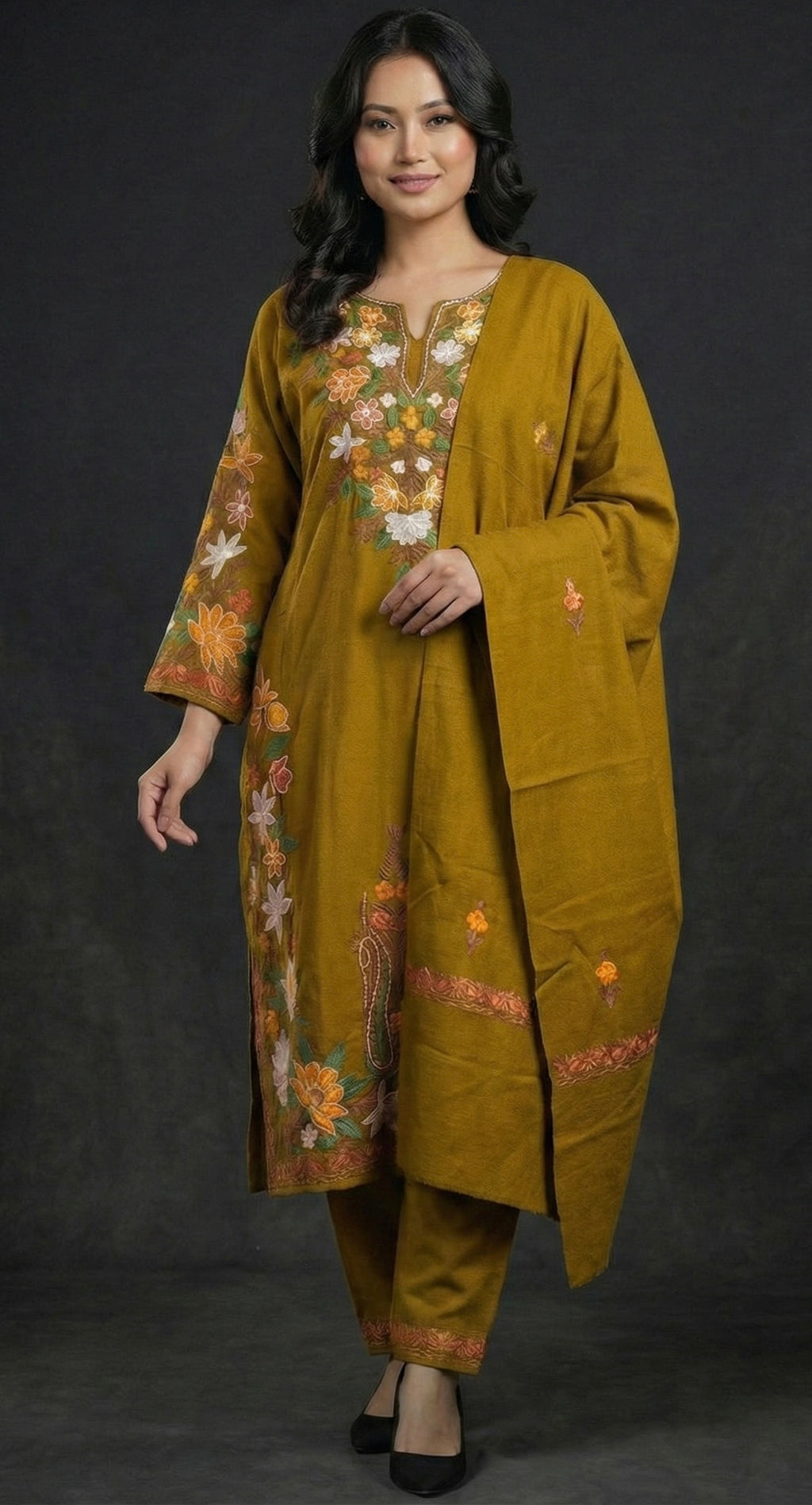 The SANA Kashmiri Aari Set in mustard Pure Handworked | Authentic Kashmiri Aari | Premium Winter Set (Kurta + Pant + Stole)