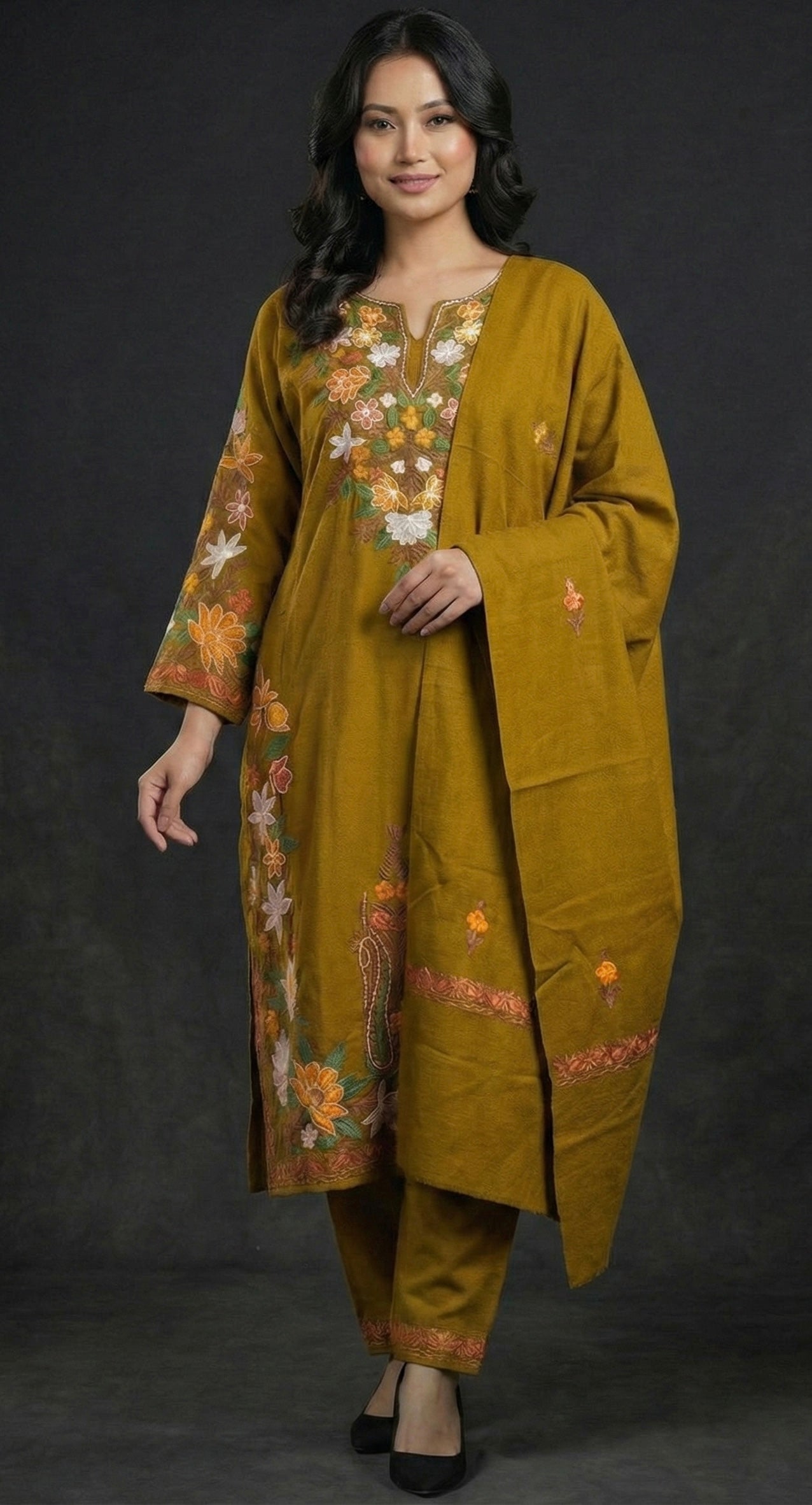 The SANA Kashmiri Aari Set in mustard Pure Handworked | Authentic Kashmiri Aari | Premium Winter Set (Kurta + Pant + Stole)