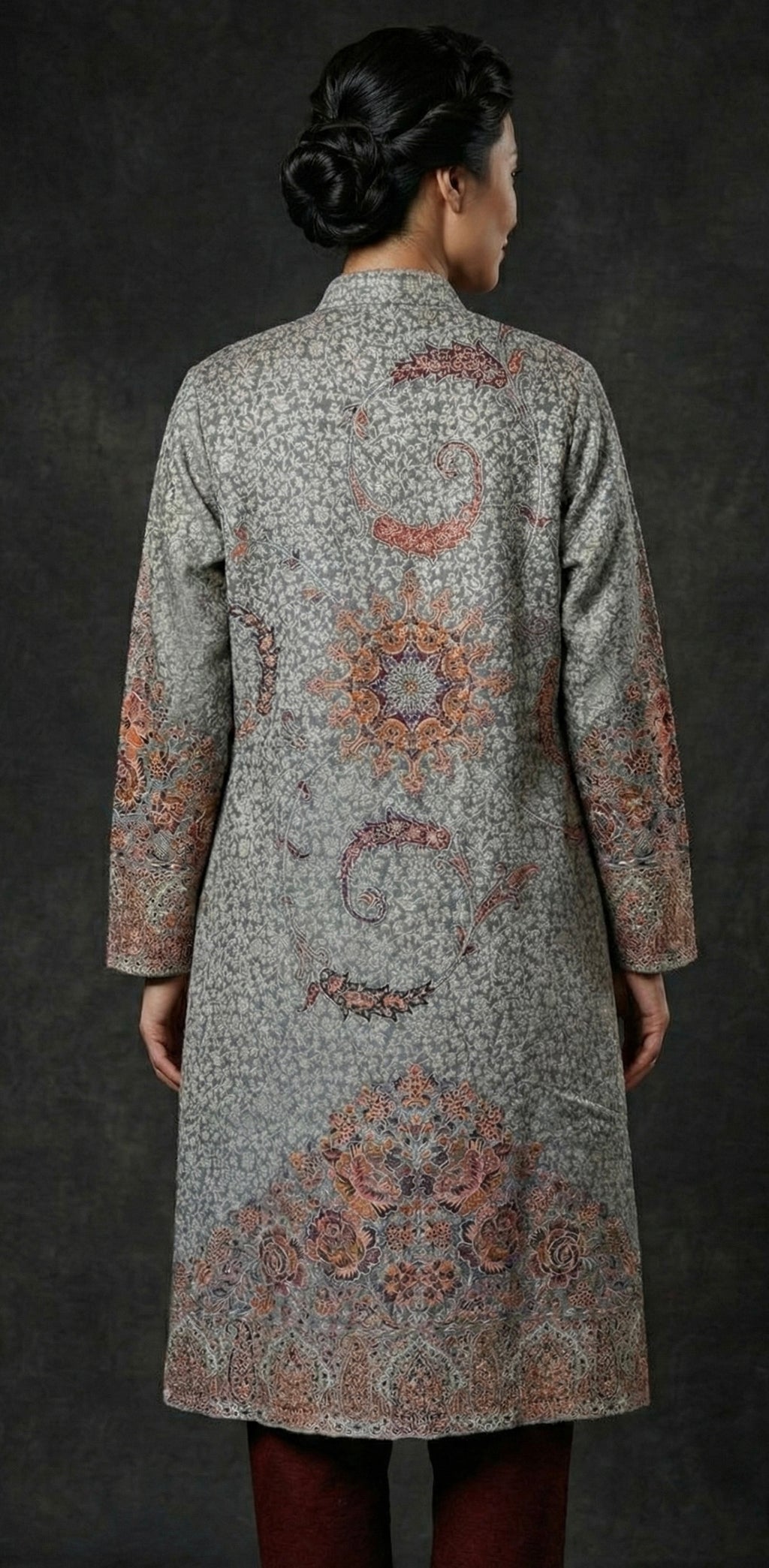 Aureen – Premium Woollen Kani 3-Piece Set (Grey-Rust)