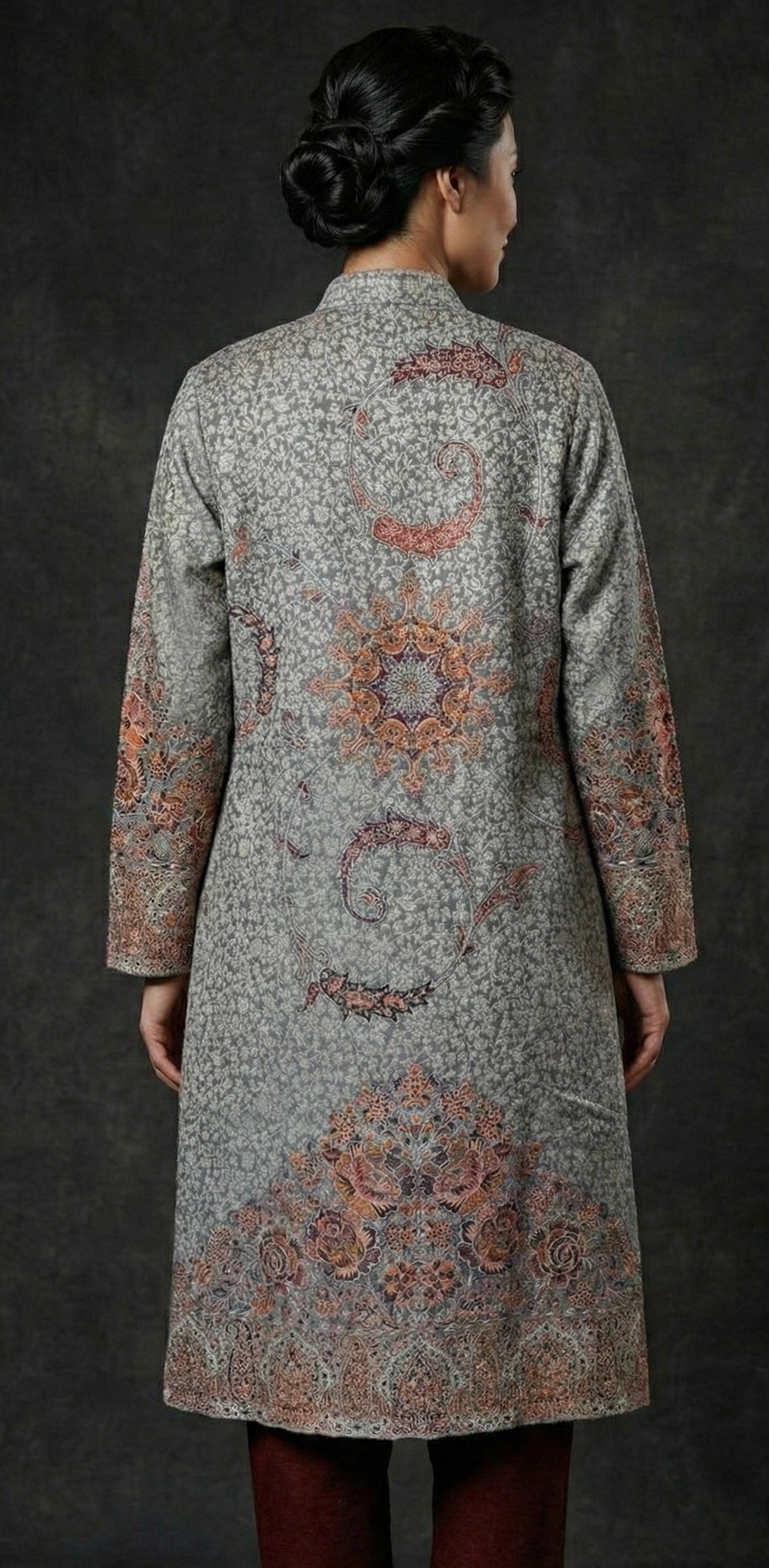Aureen – Premium Woollen Kani 3-Piece Set (Grey-Rust)