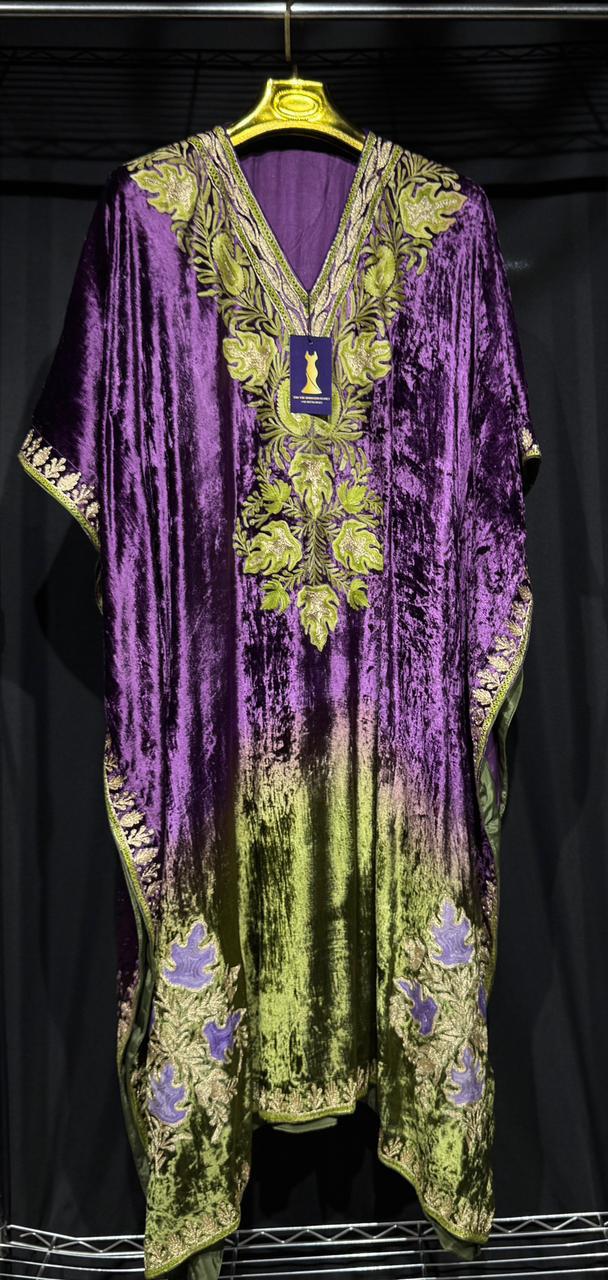 Zareen – Pure Makhmal Velvet Embroidered Kaftan Set in violet and green ombré