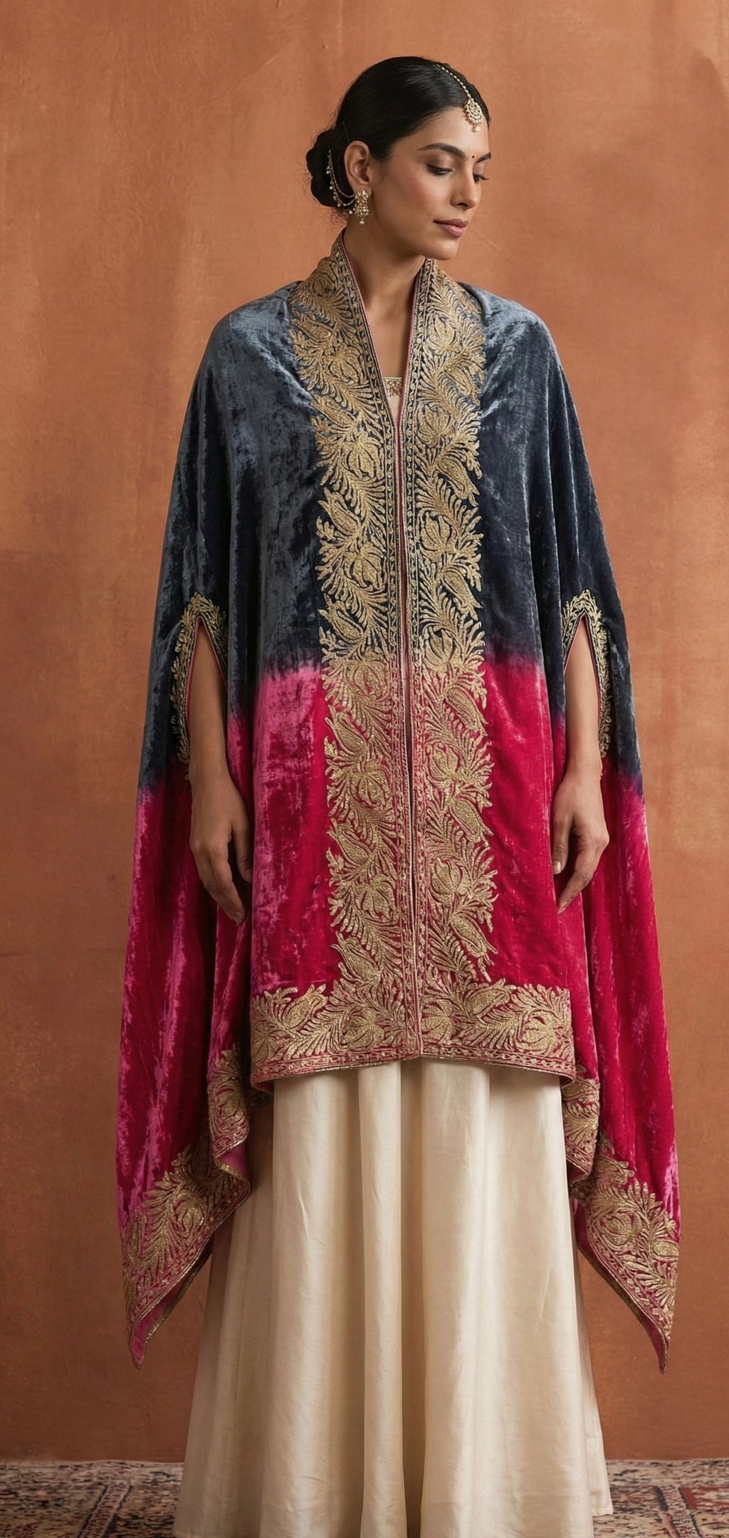 Noorjahaan – Makhmal Velvet Cape Shawl in grey and pink ombré