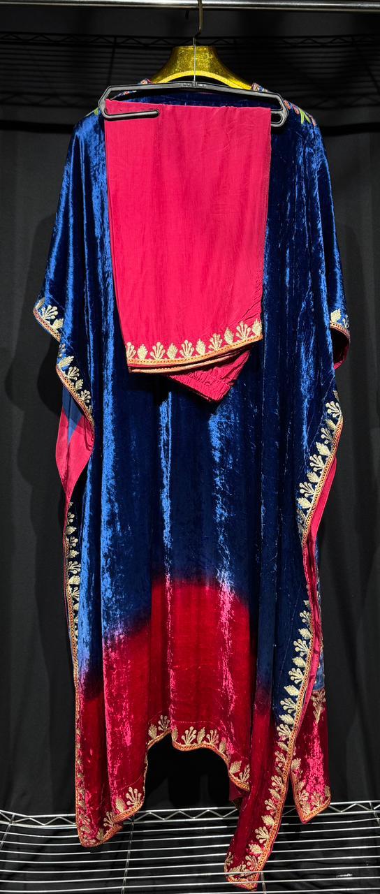 Zareen – Pure Makhmal Velvet Embroidered Kaftan Set in blue and red ombré