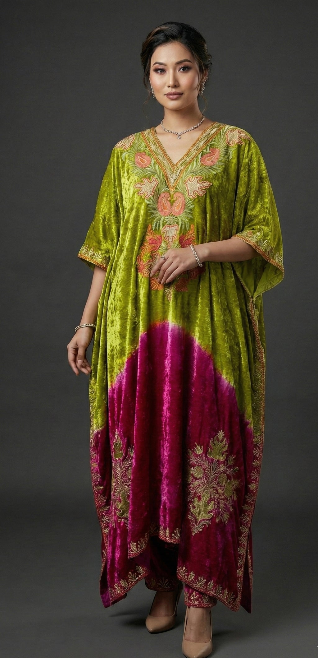 Zareen – Pure Makhmal Velvet Embroidered Kaftan Set in neon and pink ombré