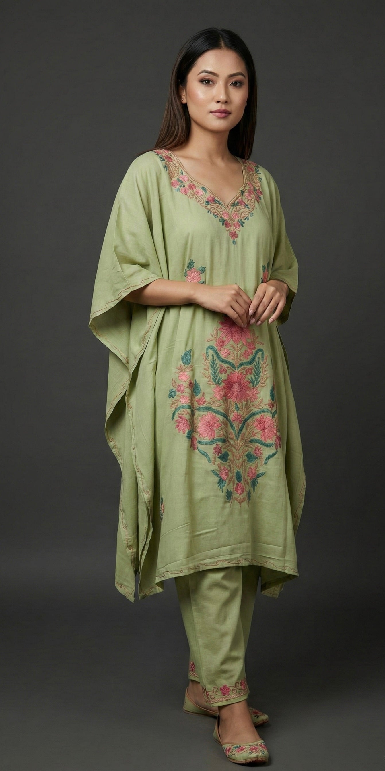 Mahira Pastel Sage Aari Kaftan Set (2-Piece)
(Top + Matching Pants)