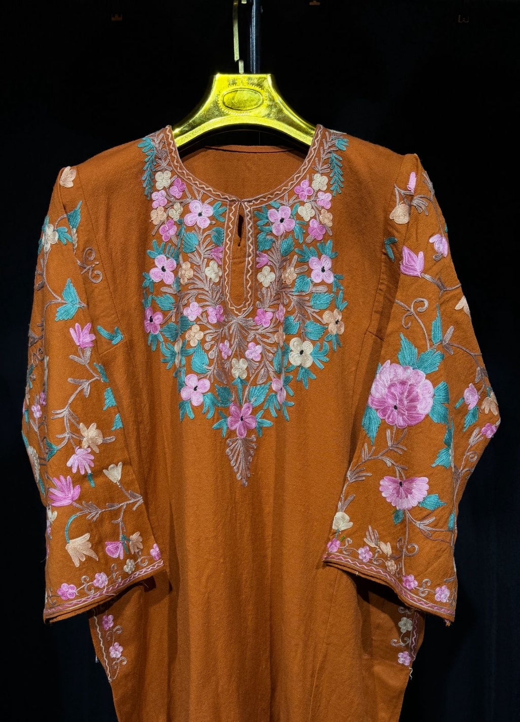RUKHSAR Kashmiri Aari Phiran – Burnt Cinnamon | Free Size Woollen Winter Wear