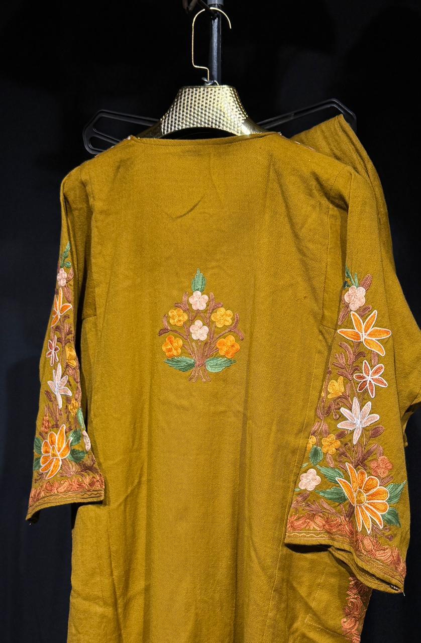 The SANA Kashmiri Aari Set in mustard Pure Handworked | Authentic Kashmiri Aari | Premium Winter Set (Kurta + Pant + Stole)