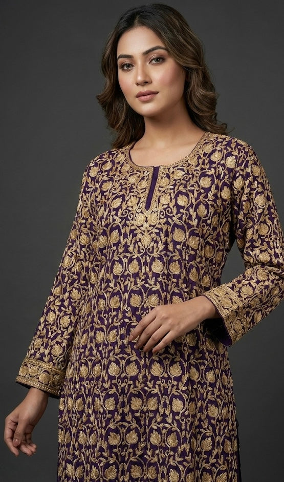 NAZNEEN Kashmiri Aari Kurta | Royal Purple & Gold | Pure Georgette Luxury