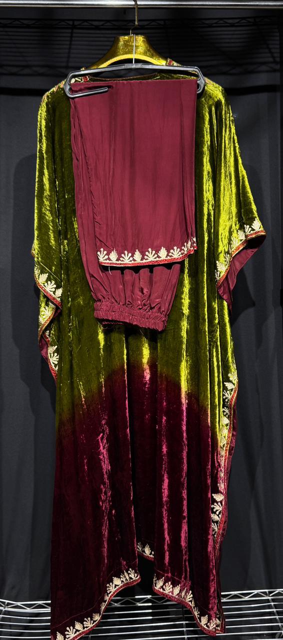 Zareen – Pure Makhmal Velvet Embroidered Kaftan Set in olive and maroon ombré
