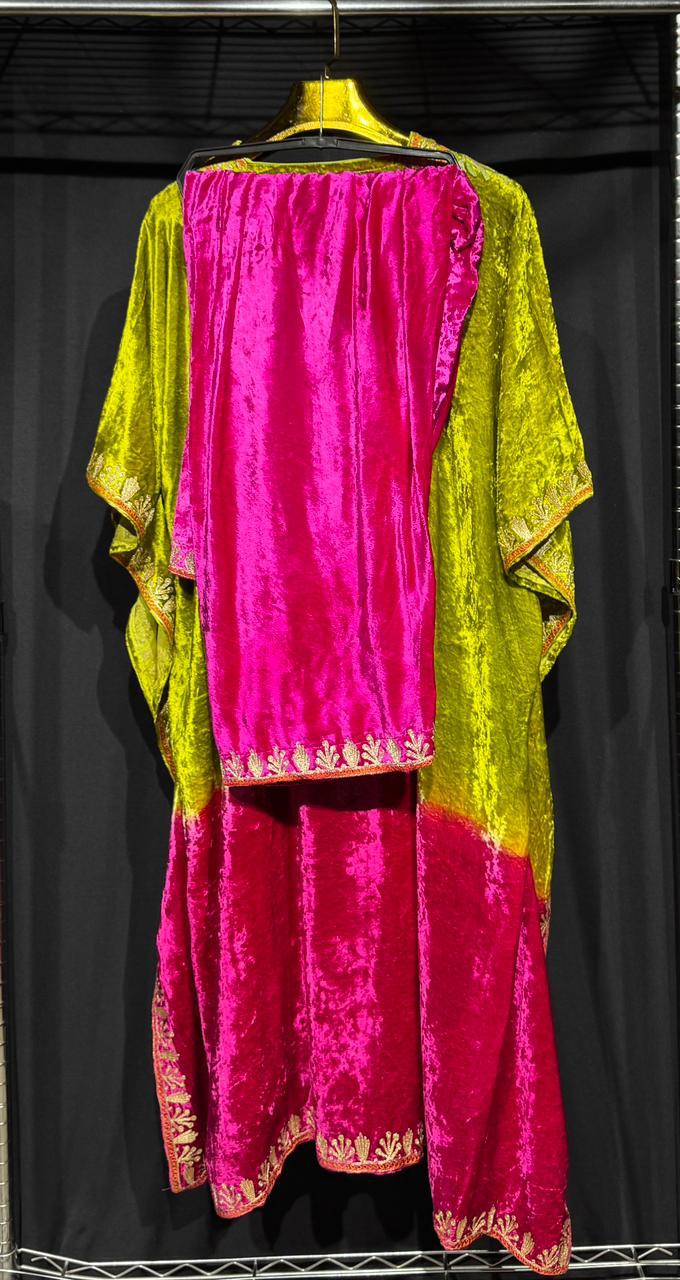 Zareen – Pure Makhmal Velvet Embroidered Kaftan Set in neon and pink ombré