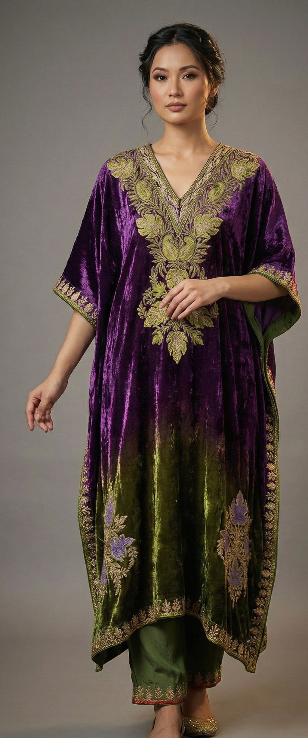 Zareen – Pure Makhmal Velvet Embroidered Kaftan Set in violet and green ombré