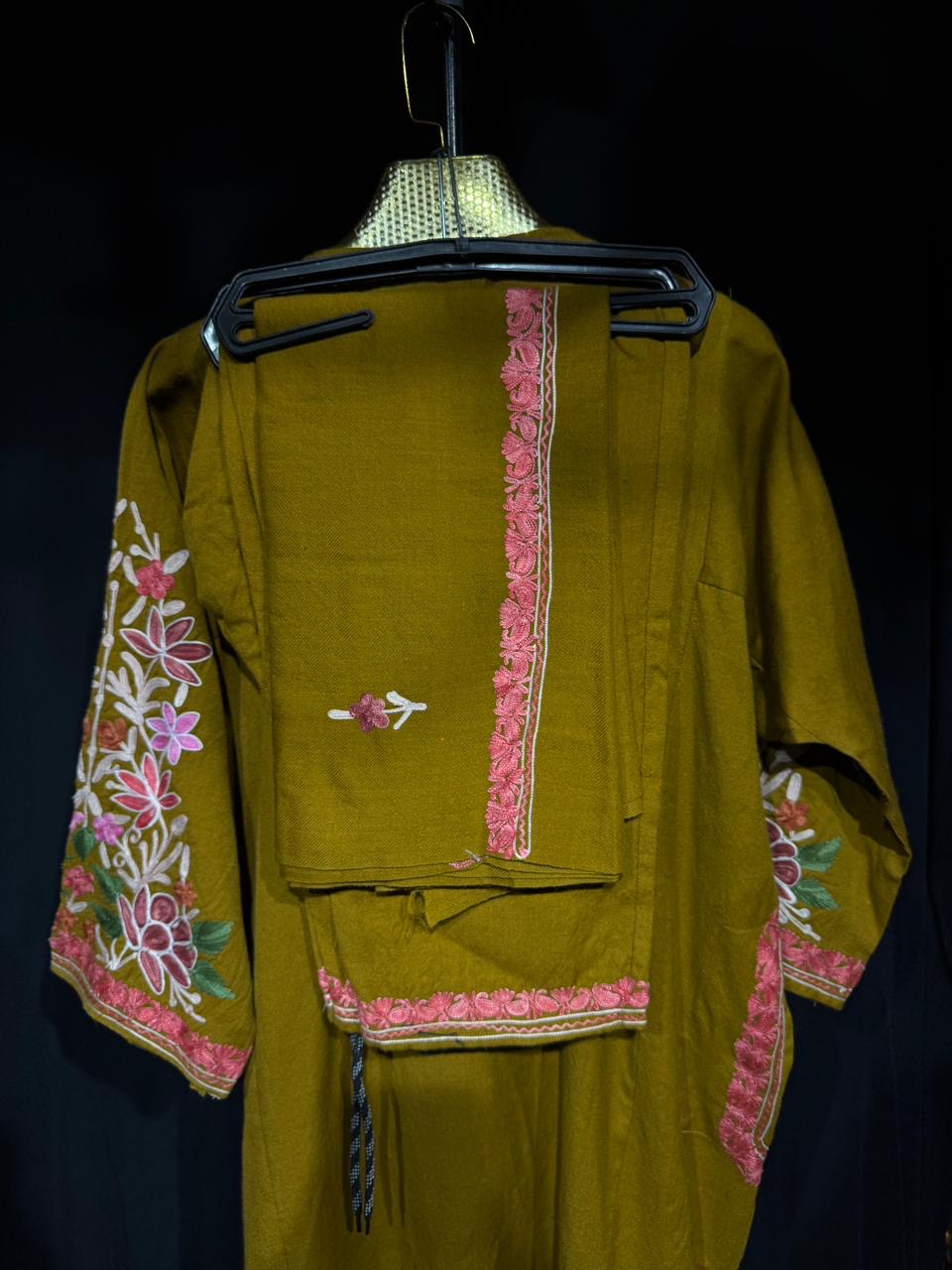 SANA Kashmiri Aari Embroidered Suit Set – Olive Green | Premium Wool Set (Kurta + Pant + Shawl)