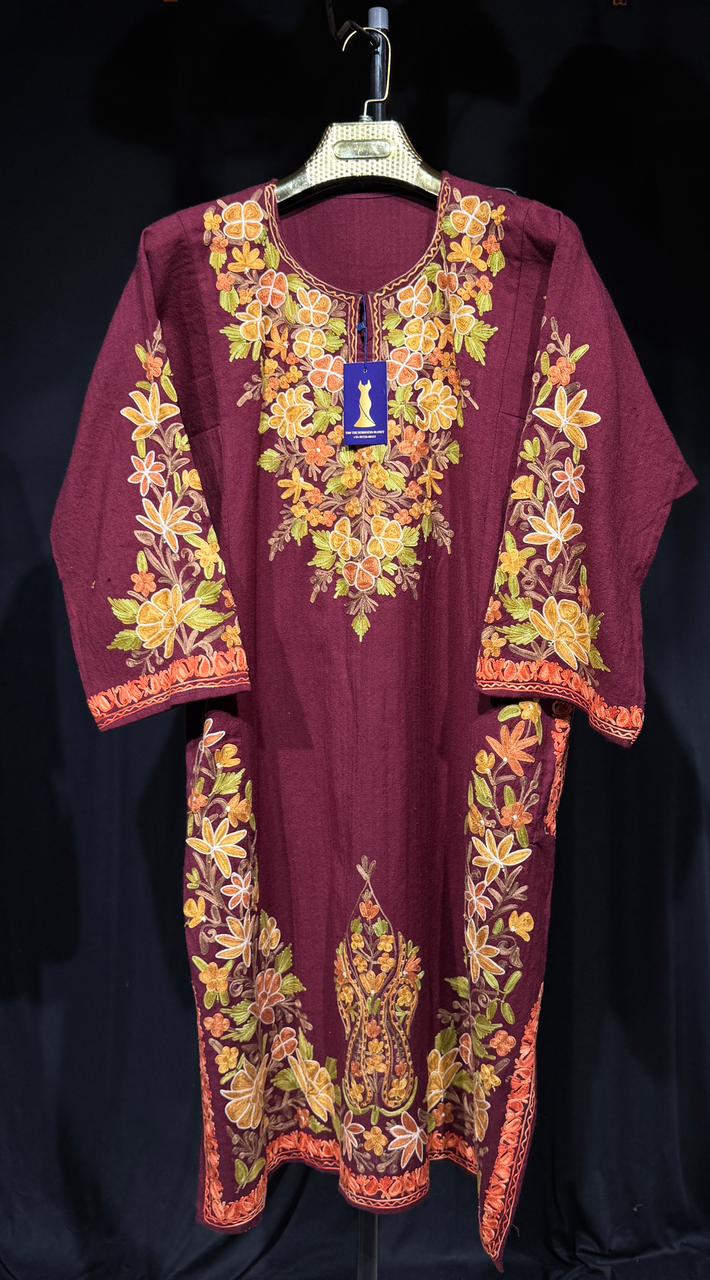 The SANA Kashmiri Aari Set in Maroon Pure Handworked | Authentic Kashmiri Aari | Premium Winter Set (Kurta + Pant + Stole)