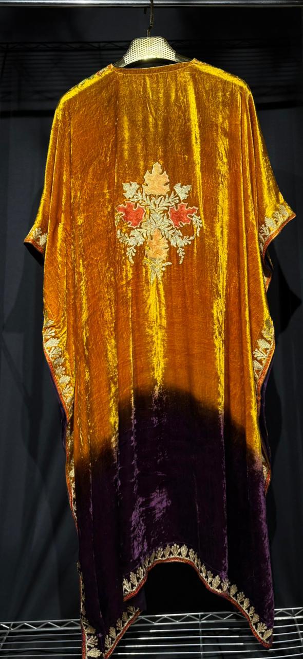 Zareen – Pure Makhmal Velvet Embroidered Kaftan Set in orange and purple ombré