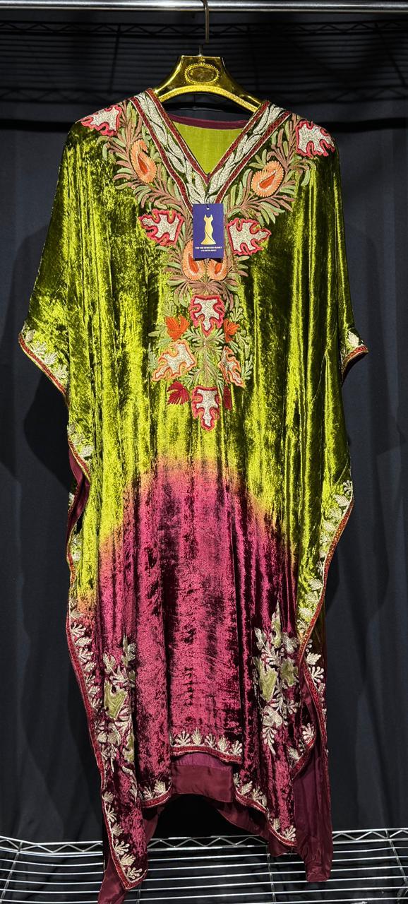Zareen – Pure Makhmal Velvet Embroidered Kaftan Set in olive and maroon ombré