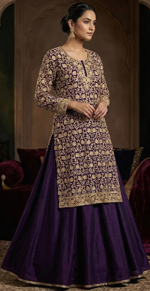 NAZNEEN Kashmiri Aari Kurta | Royal Purple & Gold | Pure Georgette Luxury