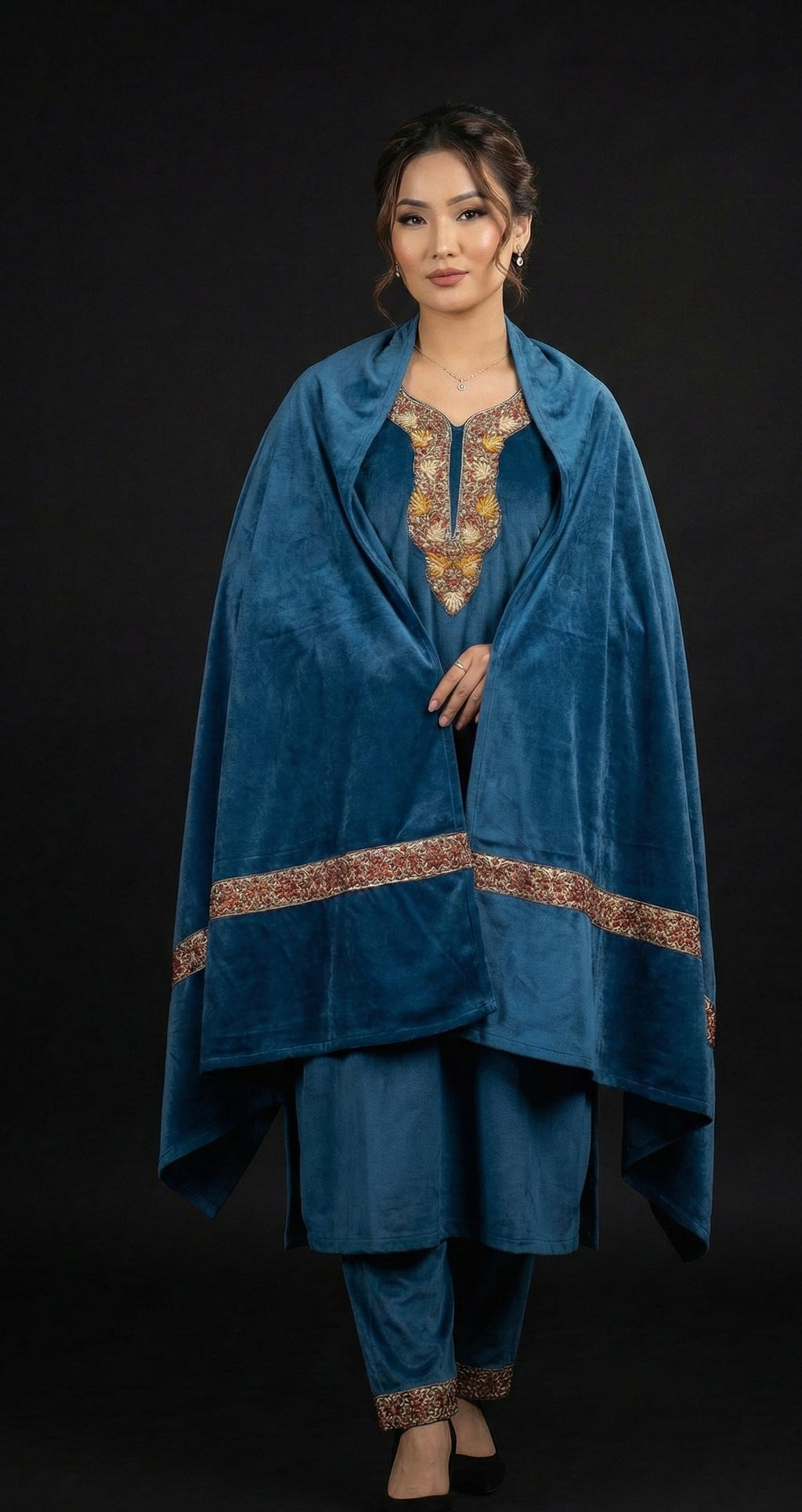 Neelima – Embroidered Velvet Kurta Set with Shawl Dupatta