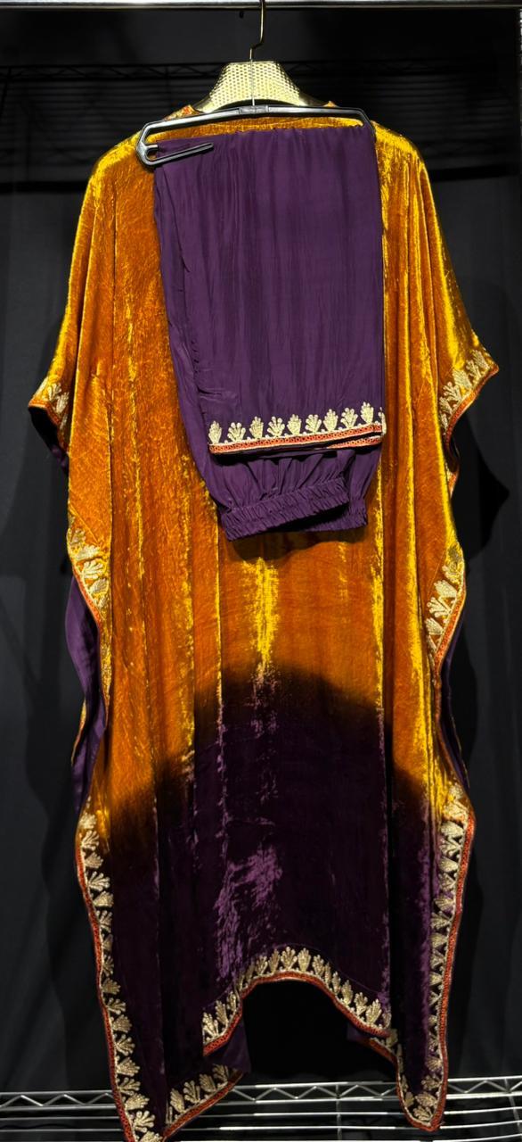 Zareen – Pure Makhmal Velvet Embroidered Kaftan Set in orange and purple ombré