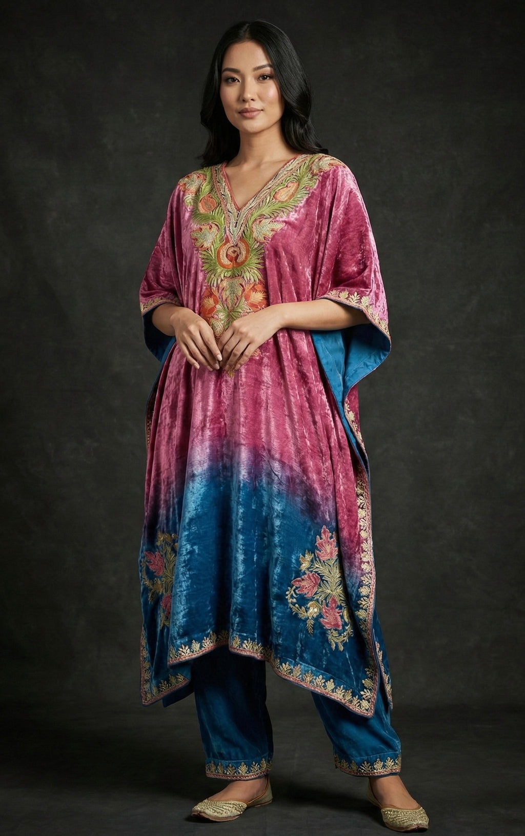 Zareen – Pure Makhmal Velvet Embroidered Kaftan Set in pink and blue ombré
